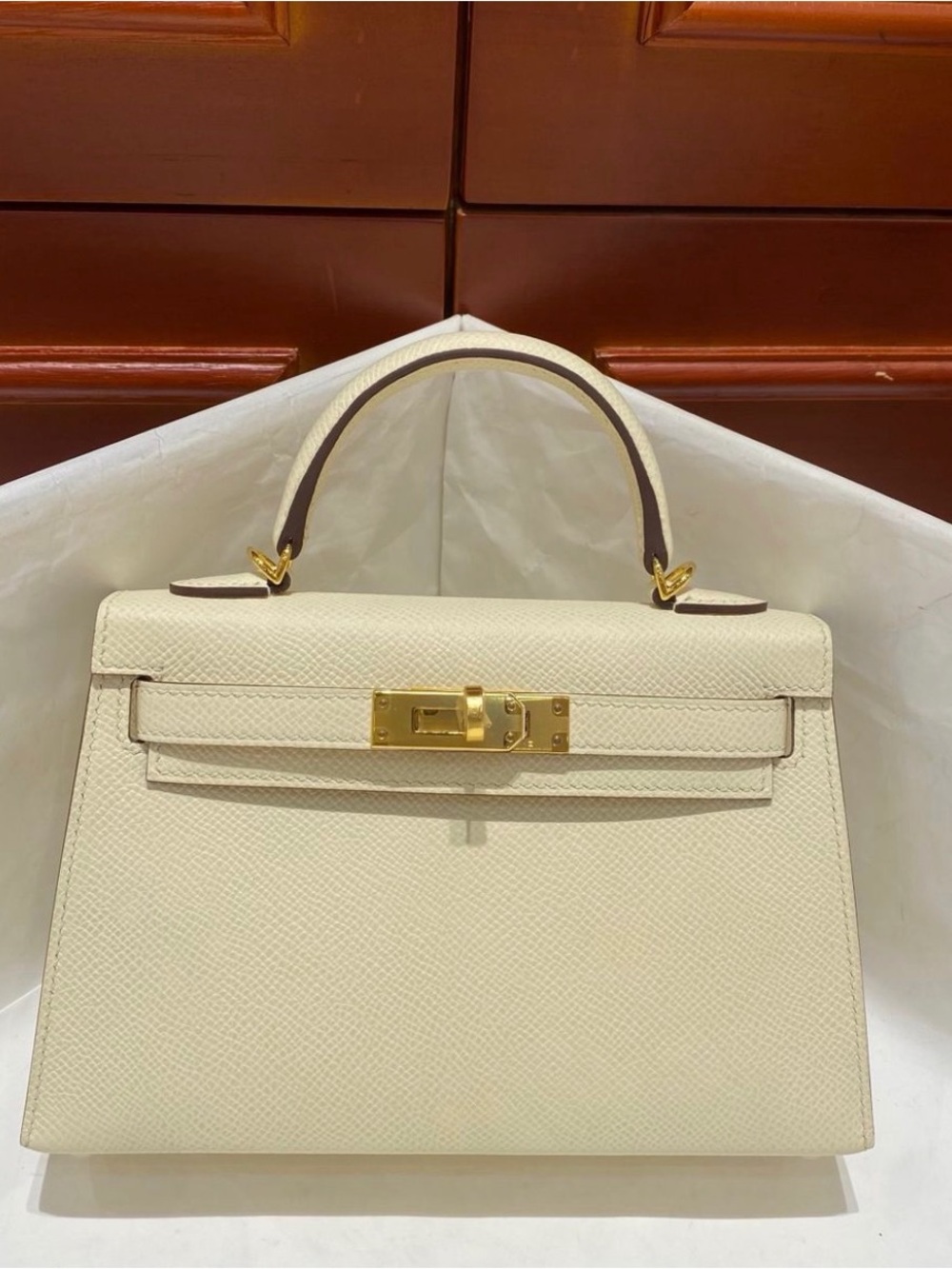 Mini Kelly Hermes Cream Top-Handle Satchel with Gold Hardware